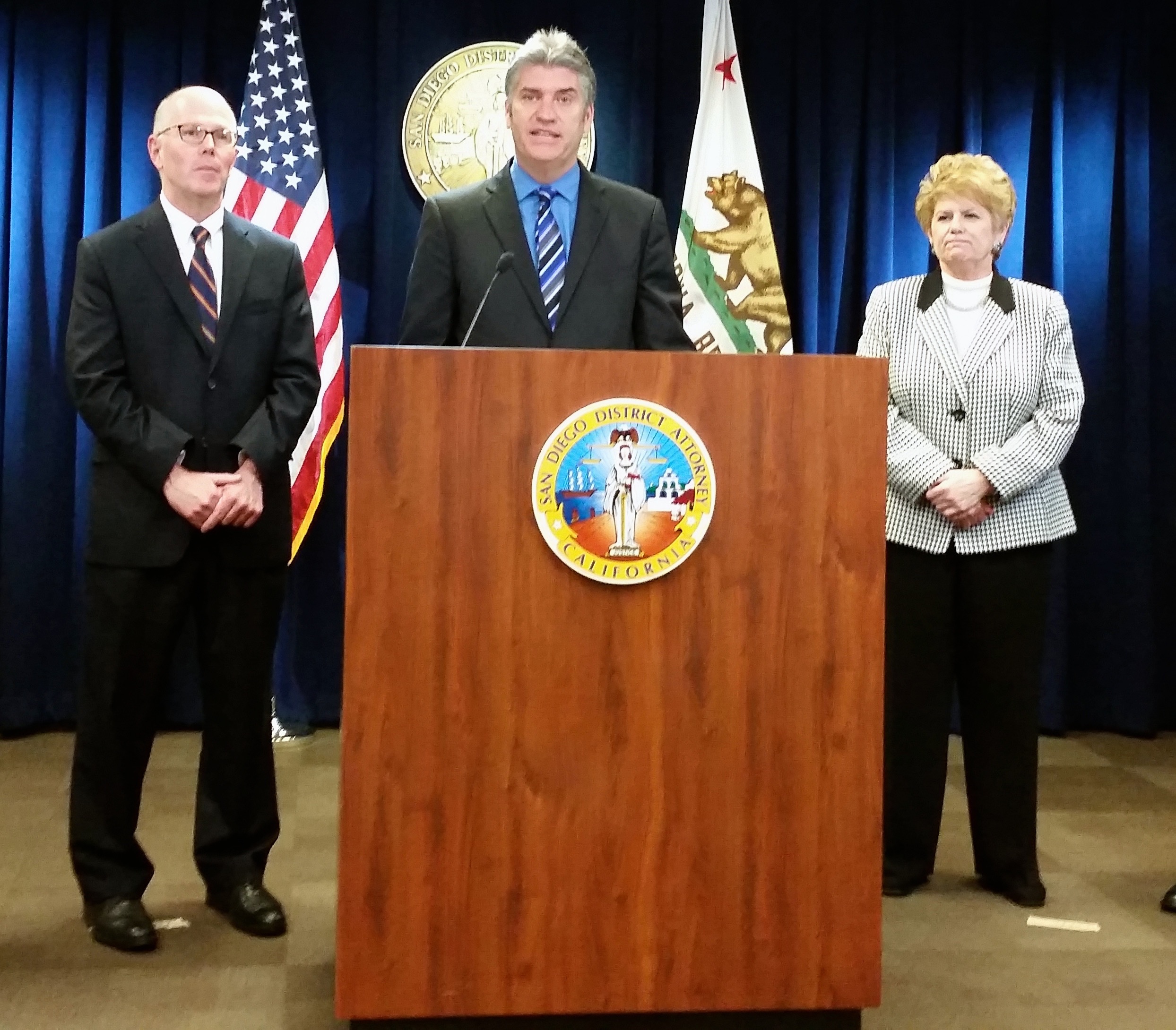 Justin at a press conference at the San Diego DA's office